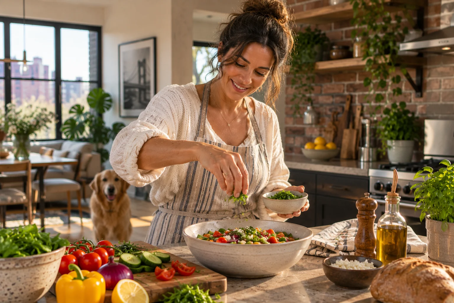 A silver-haired woman cooking a fresh salad at a sunlit kitchen window over a lake, a chalkboard reading Good Food, Good Mood, Clear Mind, Happy Life behind him